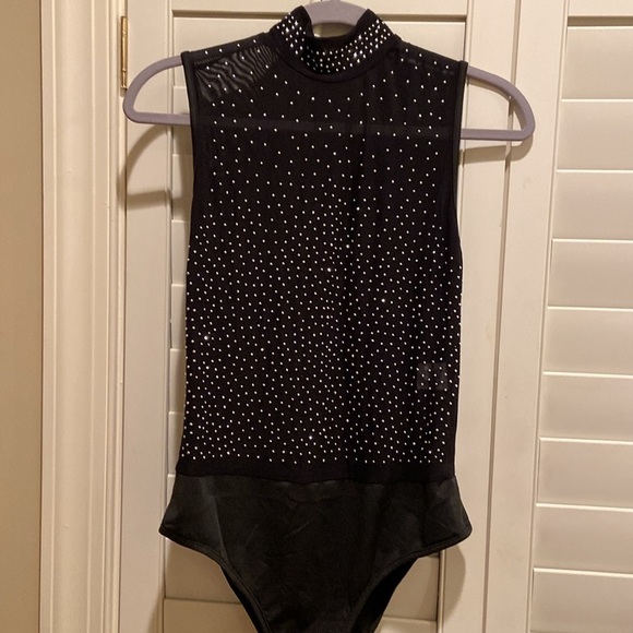 Black Sheer Silver Rhinestone Mock Neck Bodysuit new - Picture 2 of 5